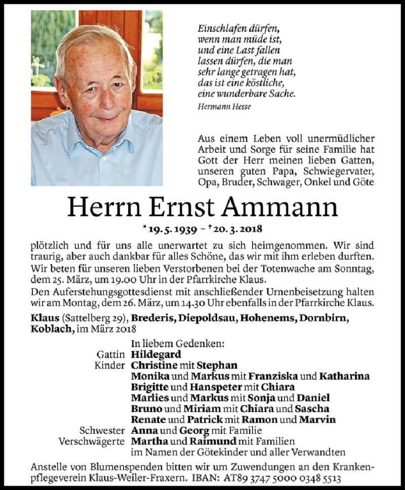  Todesanzeige für Ernst Ammann vom 23.05.2018 aus Vorarlberger Nachrichten