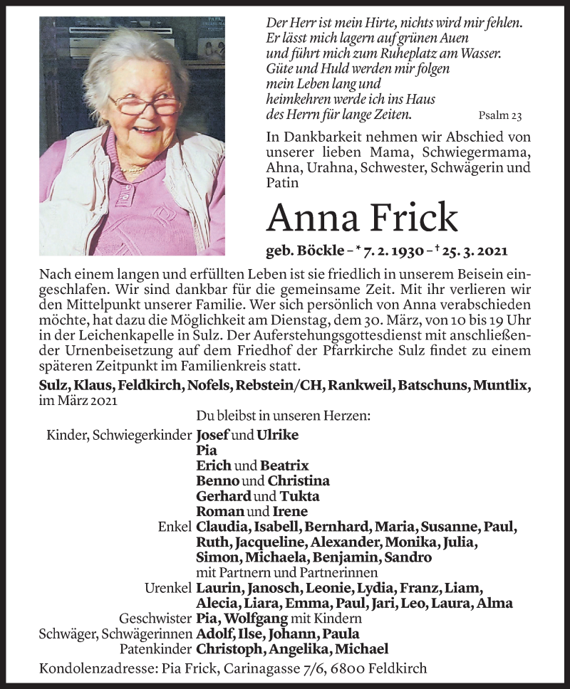  Todesanzeige für Anna Frick vom 26.03.2021 aus Vorarlberger Nachrichten