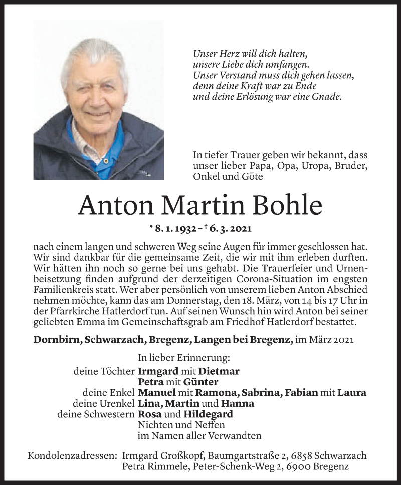  Todesanzeige für Anton Martin Bohle vom 13.03.2021 aus Vorarlberger Nachrichten