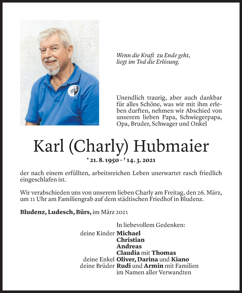  Todesanzeige für Karl Hubmaier vom 24.03.2021 aus Vorarlberger Nachrichten