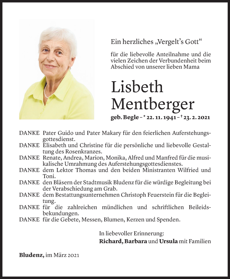  Todesanzeige für Lisbeth Mentberger vom 26.03.2021 aus Vorarlberger Nachrichten