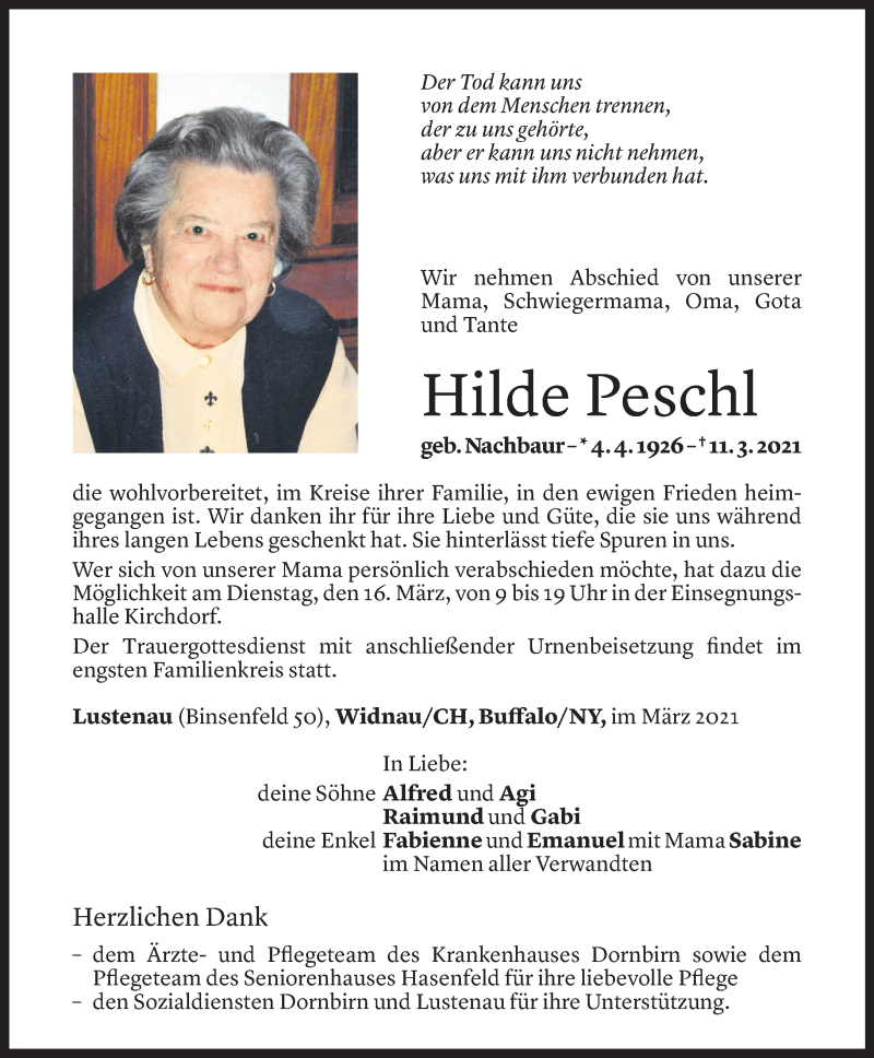  Todesanzeige für Hilde Peschl vom 12.03.2021 aus Vorarlberger Nachrichten