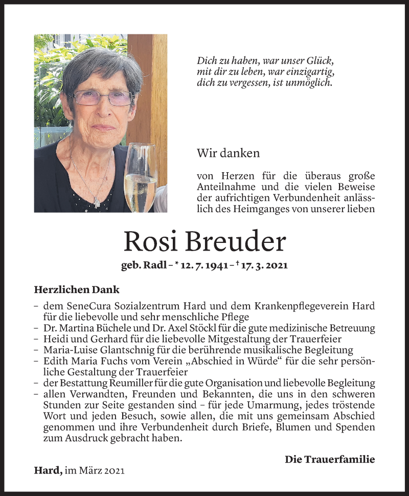  Todesanzeige für Rosi Breuder vom 26.03.2021 aus Vorarlberger Nachrichten