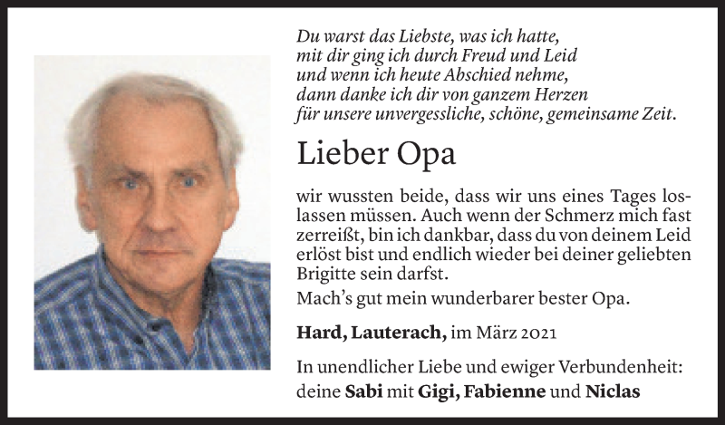  Todesanzeige für Günther Meisinger vom 20.03.2021 aus Vorarlberger Nachrichten