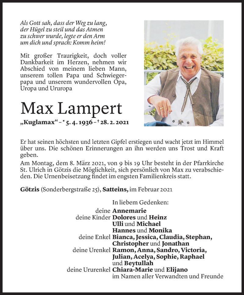  Todesanzeige für Max Lampert vom 05.03.2021 aus Vorarlberger Nachrichten