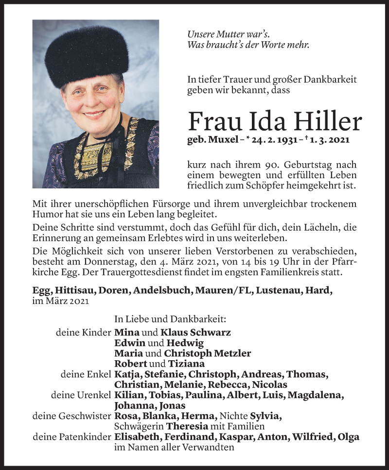  Todesanzeige für Ida Hiller vom 02.03.2021 aus Vorarlberger Nachrichten