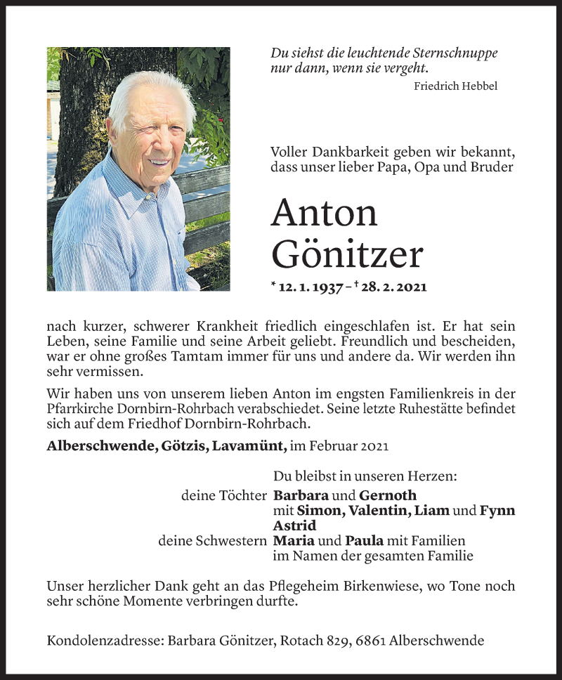  Todesanzeige für Anton Gönitzer vom 12.03.2021 aus Vorarlberger Nachrichten