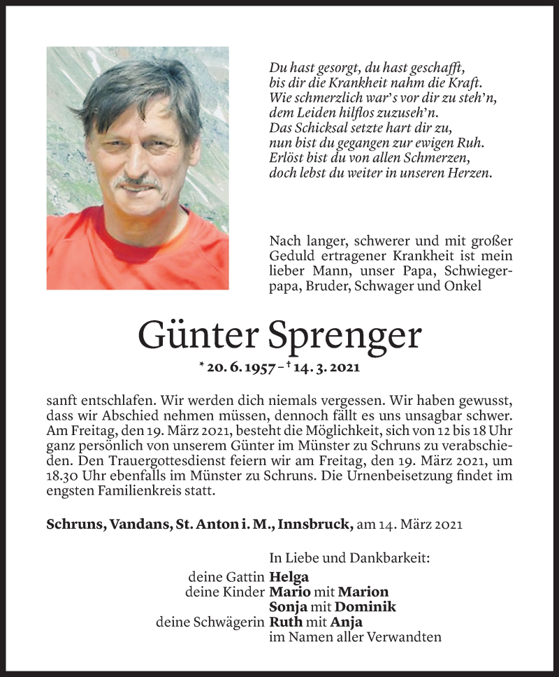  Todesanzeige für Günter Sprenger vom 16.03.2021 aus Vorarlberger Nachrichten