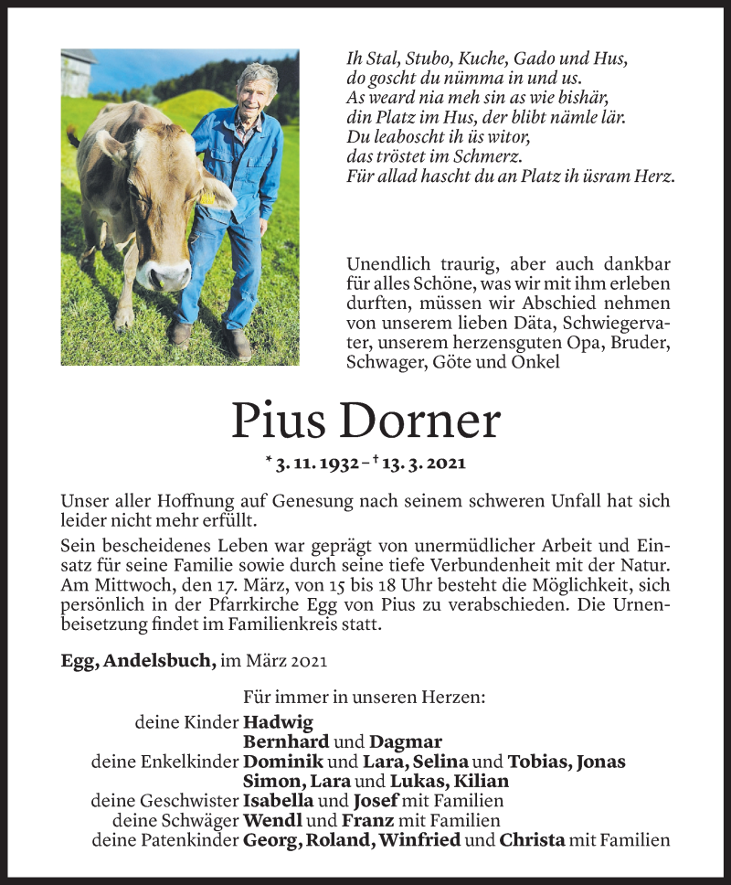  Todesanzeige für Pius Dorner vom 15.03.2021 aus Vorarlberger Nachrichten