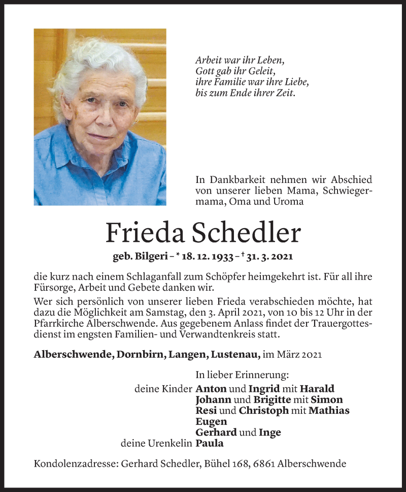  Todesanzeige für Frieda Schedler vom 31.03.2021 aus Vorarlberger Nachrichten