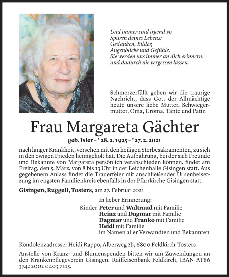  Todesanzeige für Margareta Gächter vom 03.03.2021 aus Vorarlberger Nachrichten