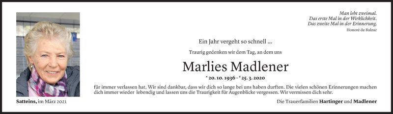  Todesanzeige für Marlies Madlener vom 24.03.2021 aus Vorarlberger Nachrichten