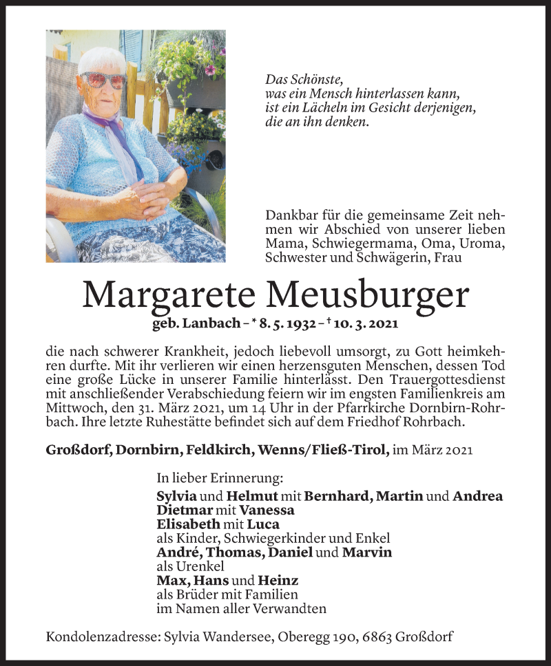  Todesanzeige für Margarete Meusburger vom 26.03.2021 aus Vorarlberger Nachrichten