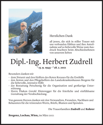 Todesanzeige von Herbert Zudrell von Vorarlberger Nachrichten