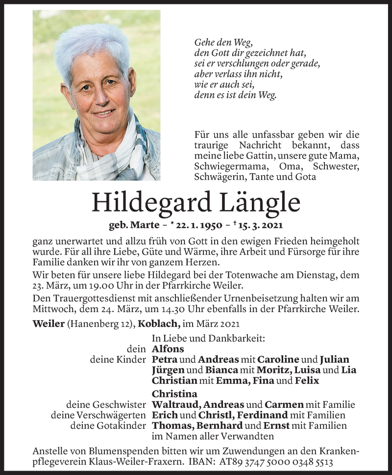  Todesanzeige für Hildegard Längle vom 19.03.2021 aus vorarlberger nachrichten
