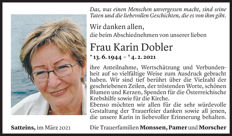  Todesanzeige für Karin Dobler vom 12.03.2021 aus Vorarlberger Nachrichten