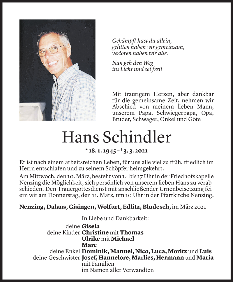  Todesanzeige für Hans Schindler vom 08.03.2021 aus Vorarlberger Nachrichten