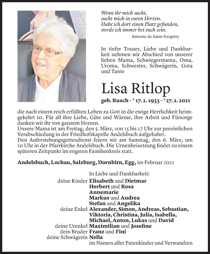  Todesanzeige für Lisa Ritlop vom 03.03.2021 aus Vorarlberger Nachrichten