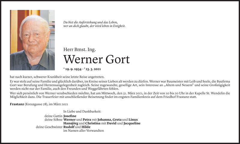  Todesanzeige für Werner Gort vom 28.03.2021 aus Vorarlberger Nachrichten