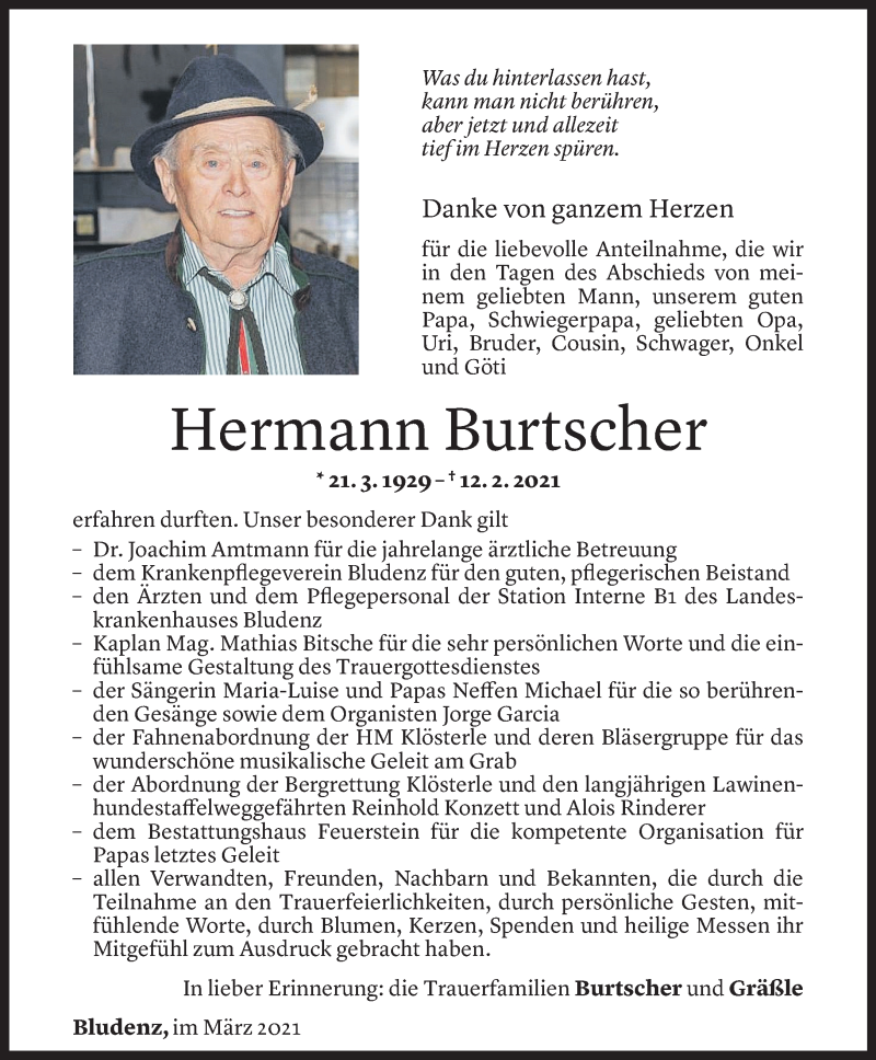  Todesanzeige für Hermann Burtscher vom 20.03.2021 aus Vorarlberger Nachrichten