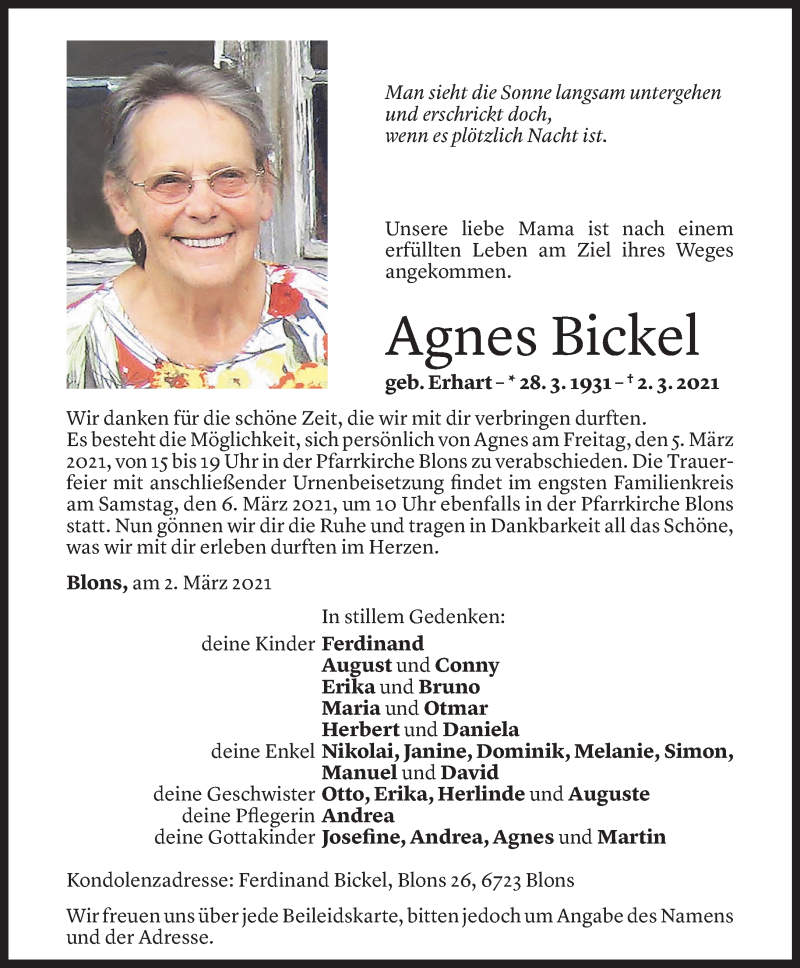  Todesanzeige für Agnes Bickel vom 03.03.2021 aus Vorarlberger Nachrichten