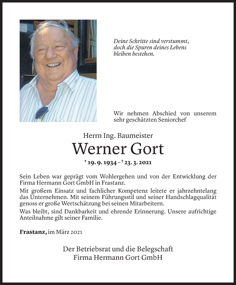 Todesanzeige für Werner Gort vom 28.03.2021 aus Vorarlberger Nachrichten