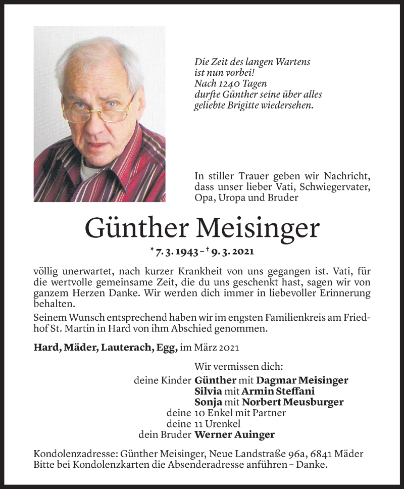  Todesanzeige für Günther Meisinger vom 20.03.2021 aus Vorarlberger Nachrichten