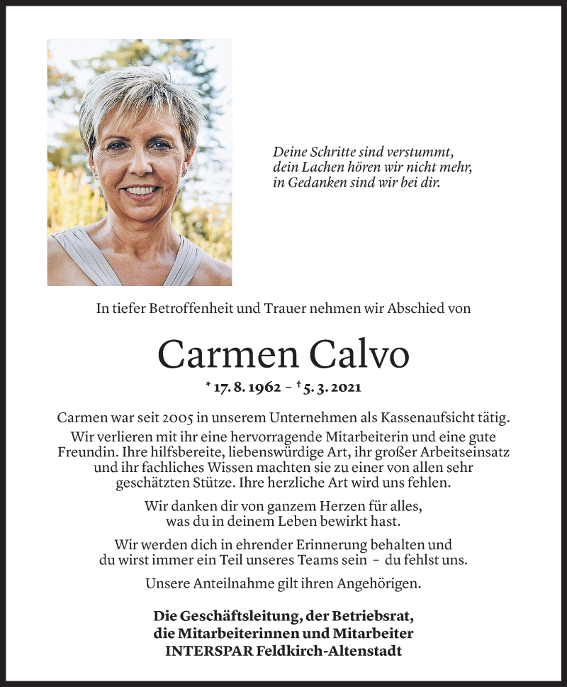  Todesanzeige für Carmen Calvo vom 09.03.2021 aus vorarlberger nachrichten
