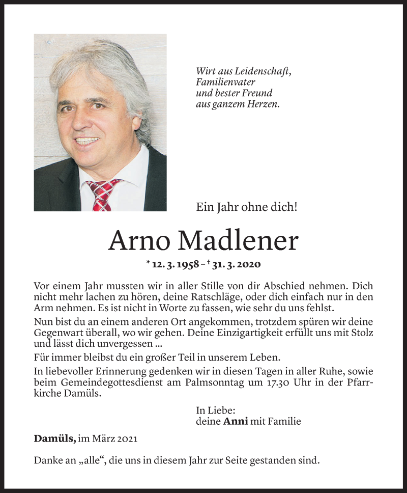  Todesanzeige für Arno Madlener vom 25.03.2021 aus Vorarlberger Nachrichten