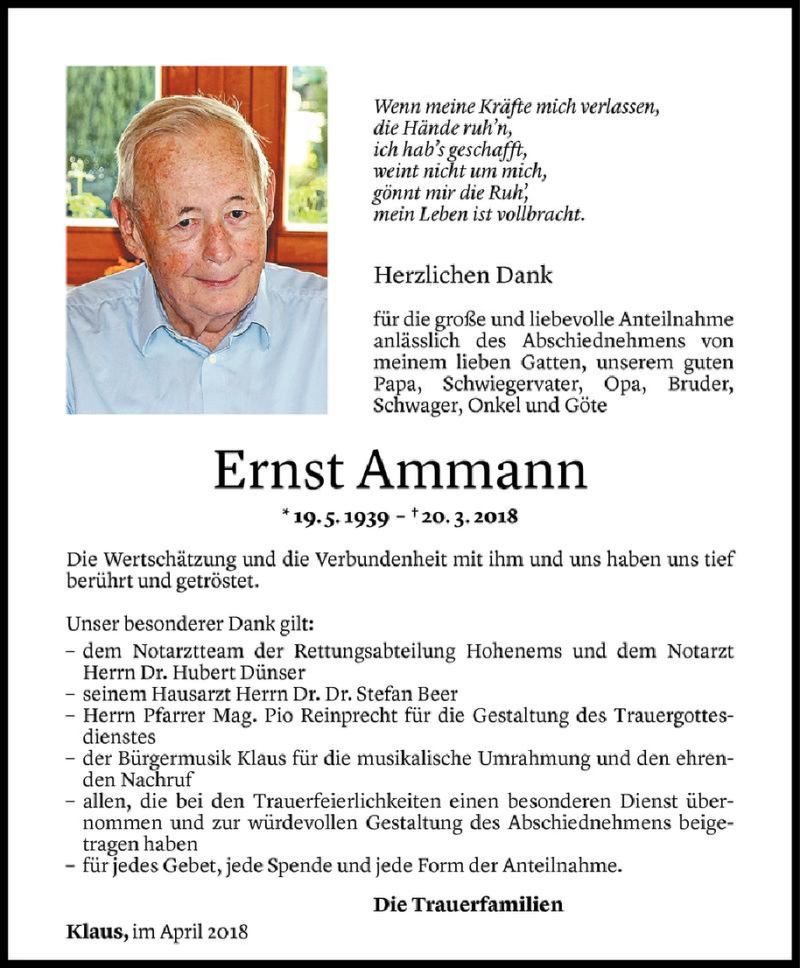  Todesanzeige für Ernst Ammann vom 21.04.2021 aus Vorarlberger Nachrichten