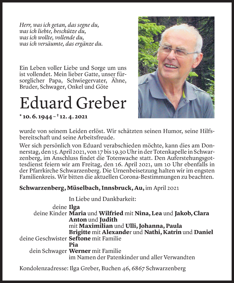  Todesanzeige für Eduard Greber vom 13.04.2021 aus Vorarlberger Nachrichten