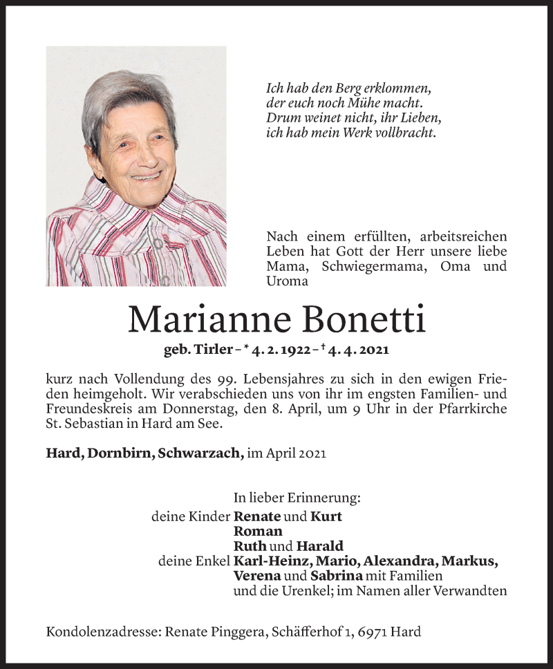  Todesanzeige für Marianne Bonetti vom 06.04.2021 aus Vorarlberger Nachrichten