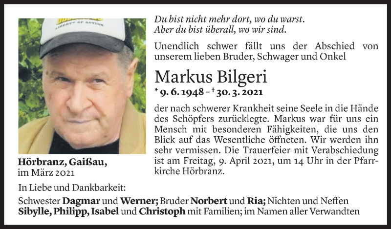  Todesanzeige für Markus Bilgeri vom 06.04.2021 aus Vorarlberger Nachrichten