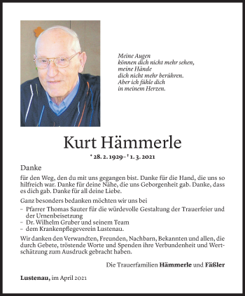 Todesanzeige von Kurt Hämmerle von Vorarlberger Nachrichten