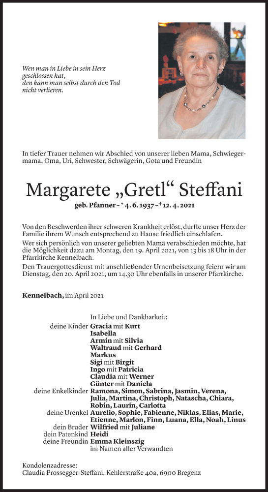  Todesanzeige für Margarete Steffani vom 16.04.2021 aus Vorarlberger Nachrichten