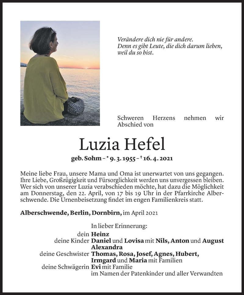  Todesanzeige für Luzia Hefel vom 20.04.2021 aus Vorarlberger Nachrichten