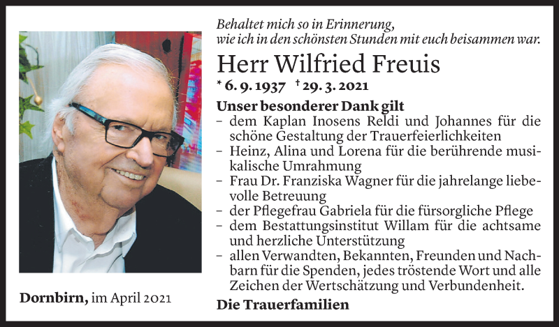  Todesanzeige für Wilfried Freuis vom 23.04.2021 aus Vorarlberger Nachrichten