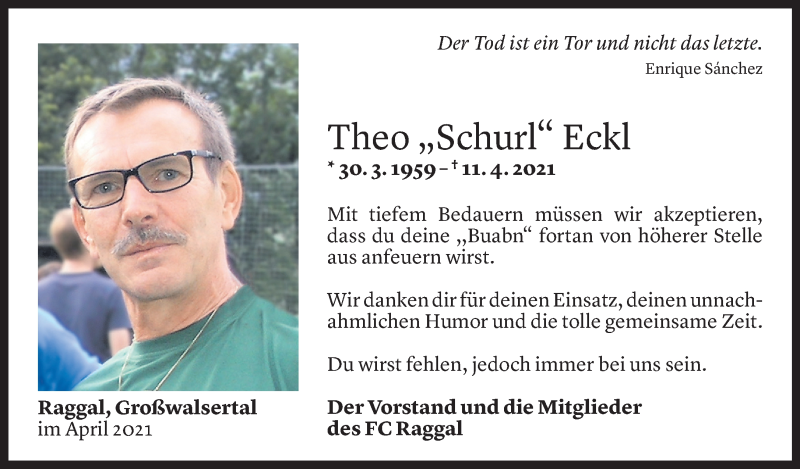  Todesanzeige für Theo Eckl vom 16.04.2021 aus Vorarlberger Nachrichten