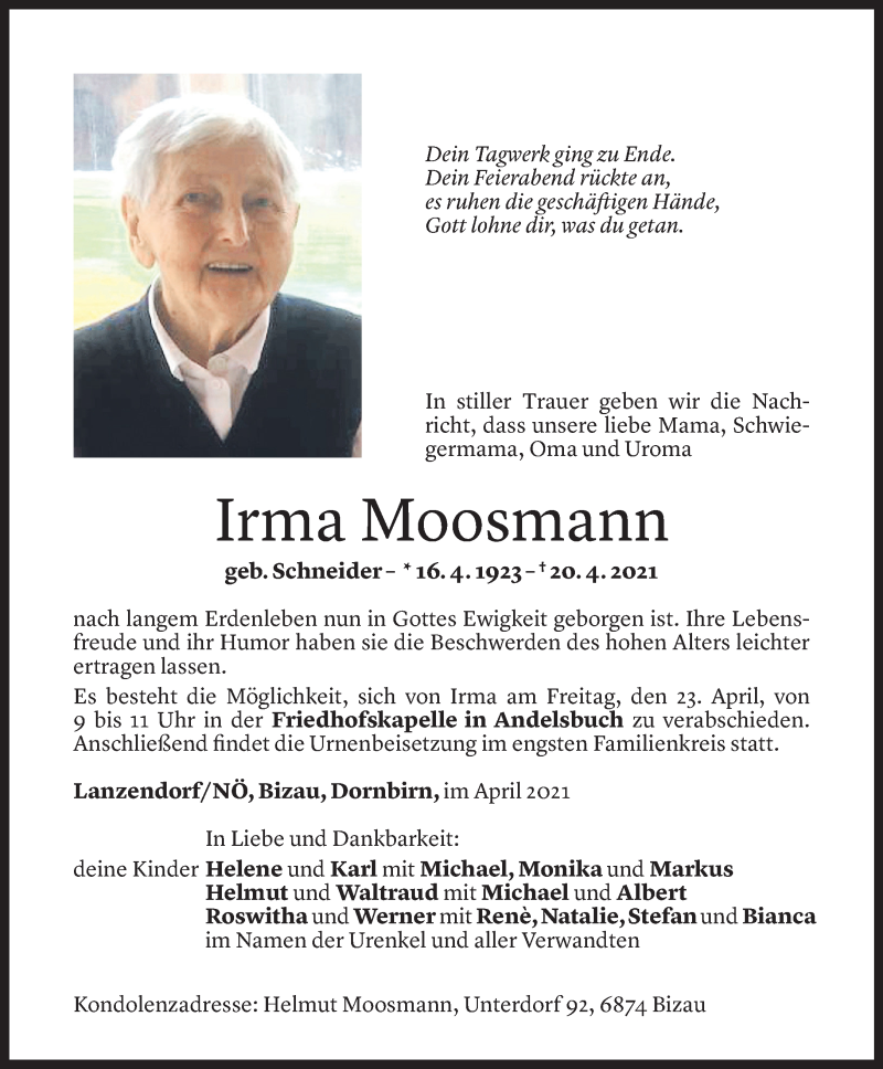  Todesanzeige für Irma Moosmann vom 22.04.2021 aus Vorarlberger Nachrichten