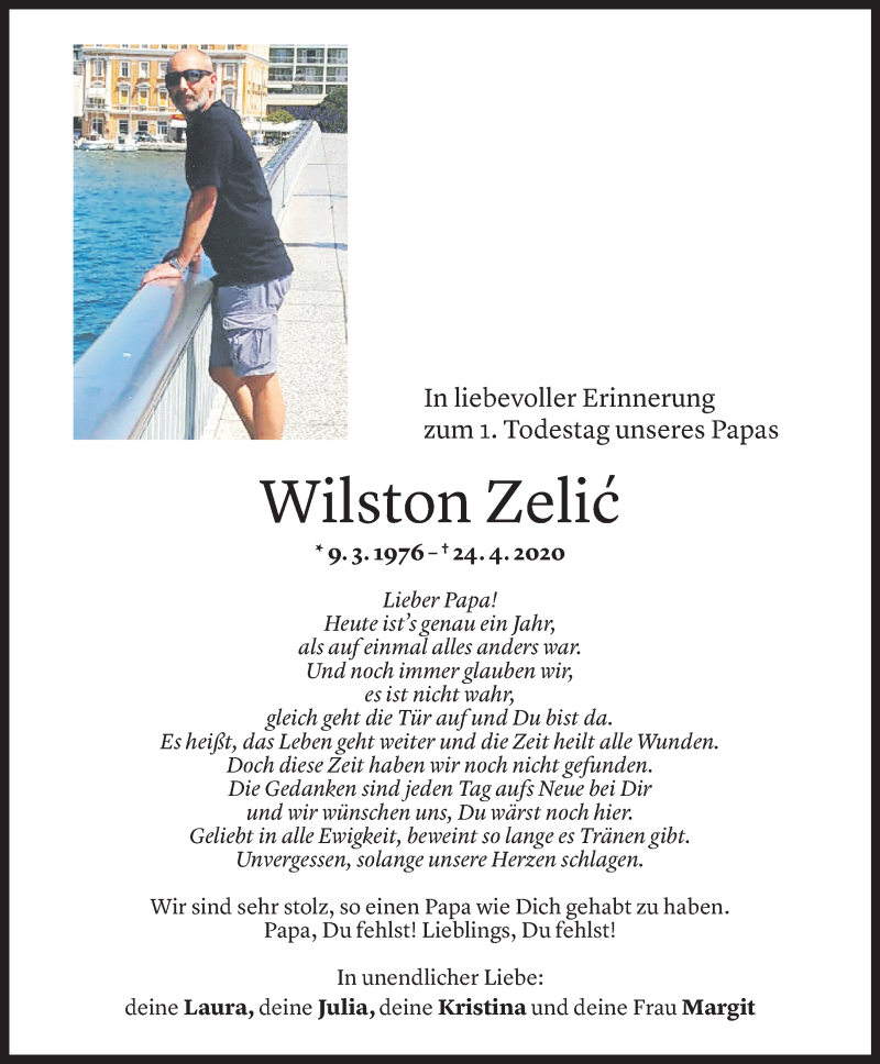  Todesanzeige für Wilston Zelic vom 23.04.2021 aus Vorarlberger Nachrichten