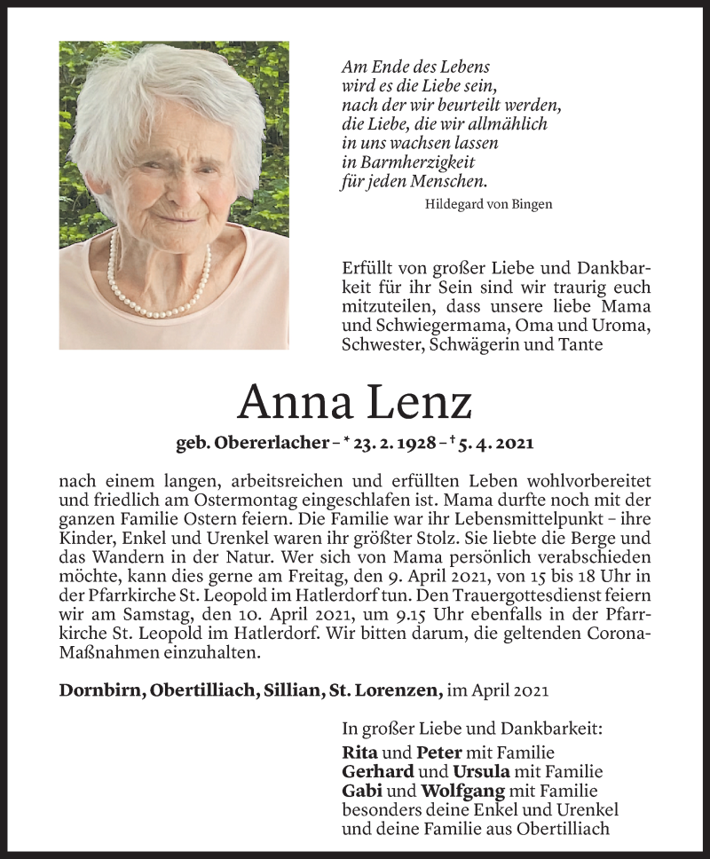  Todesanzeige für Anna Lenz vom 07.04.2021 aus Vorarlberger Nachrichten
