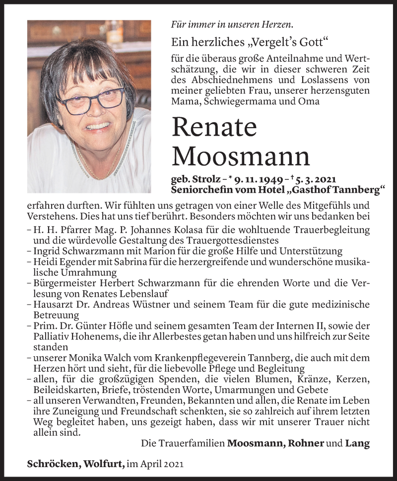  Todesanzeige für Renate Moosmann vom 22.03.2021 aus Vorarlberger Nachrichten