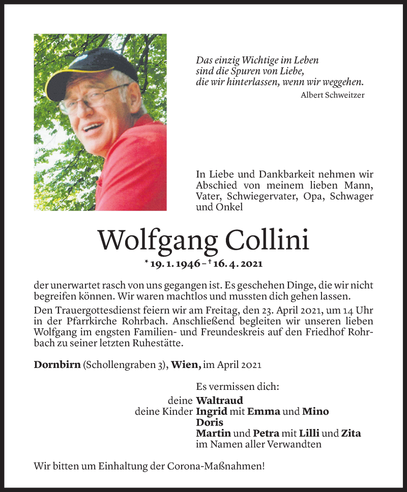  Todesanzeige für Wolfgang Collini vom 19.04.2021 aus Vorarlberger Nachrichten