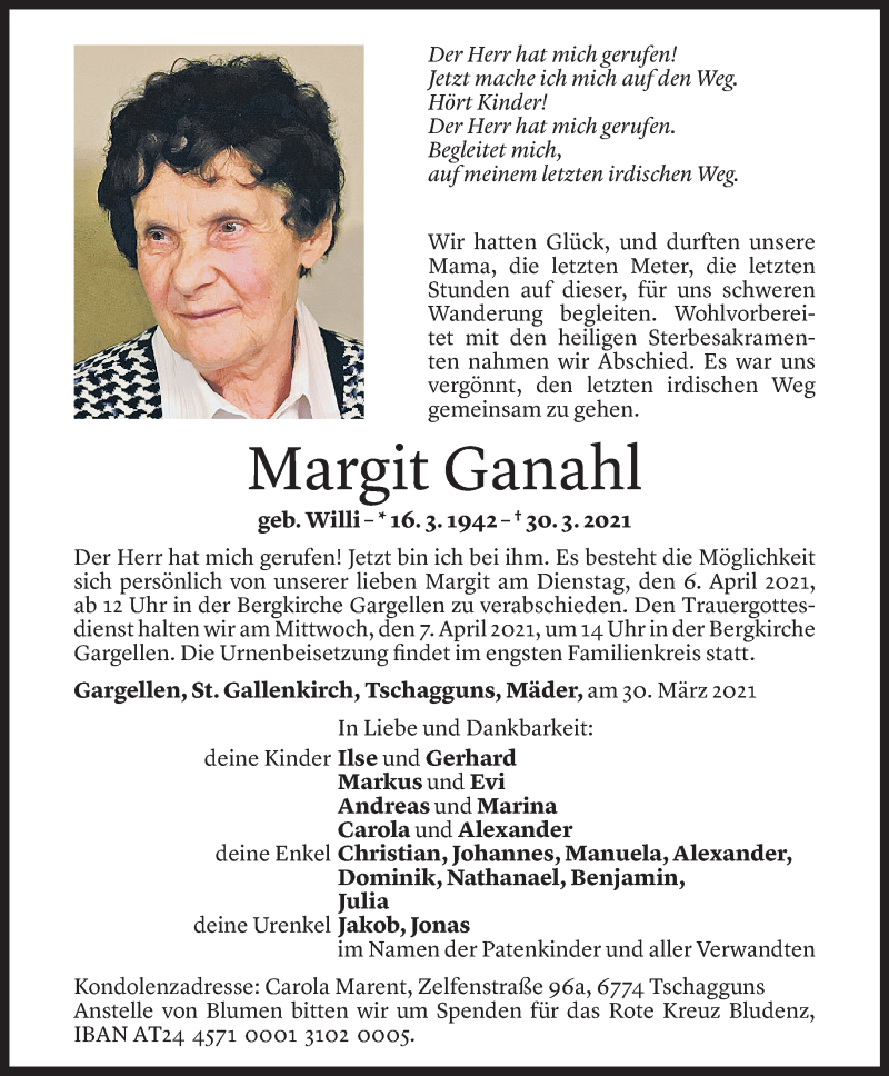  Todesanzeige für Margit Ganahl vom 02.04.2021 aus Vorarlberger Nachrichten