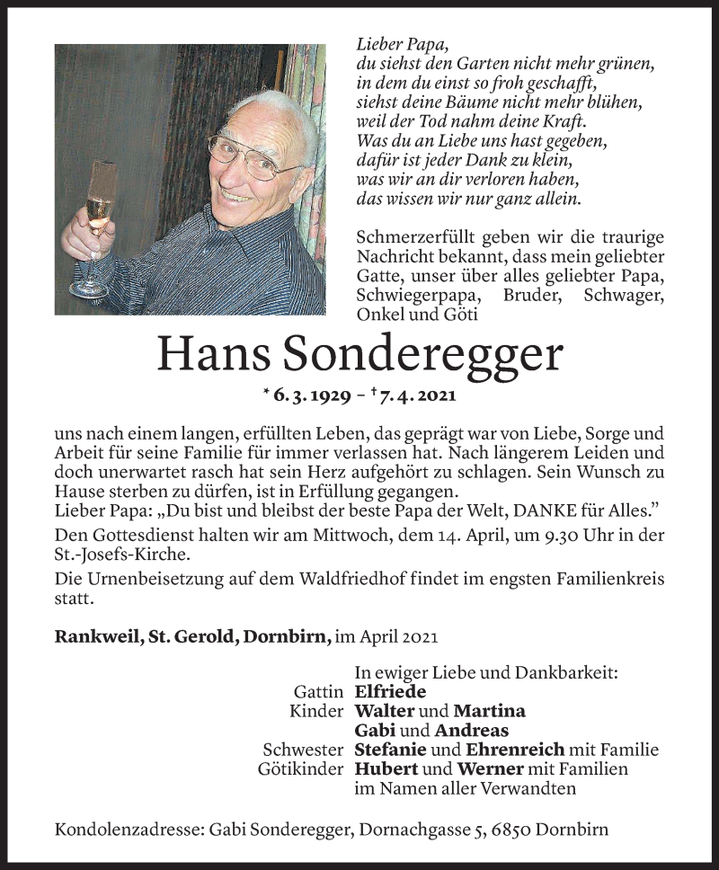 Todesanzeige für Hans Sonderegger vom 12.04.2021 aus Vorarlberger Nachrichten