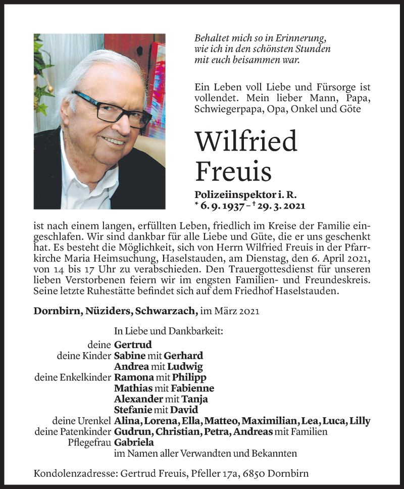  Todesanzeige für Wilfried Freuis vom 02.04.2021 aus Vorarlberger Nachrichten