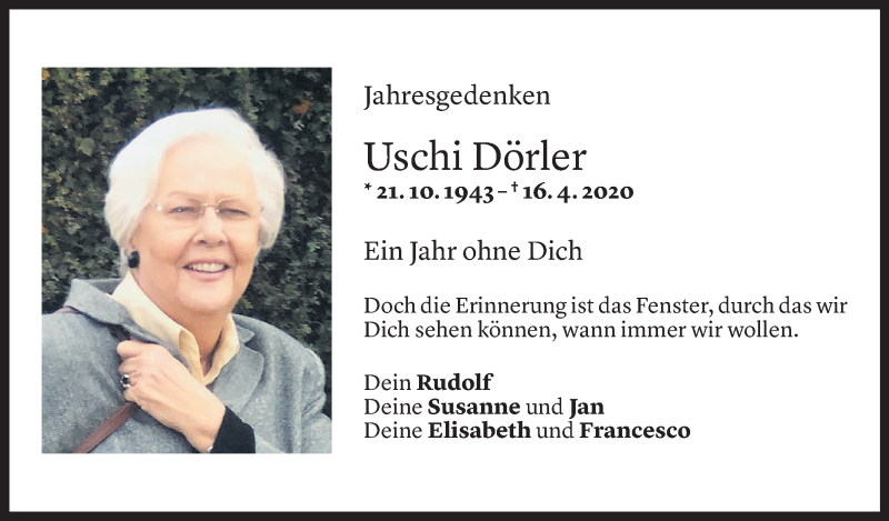  Todesanzeige für Uschi Dörler vom 16.04.2021 aus Vorarlberger Nachrichten