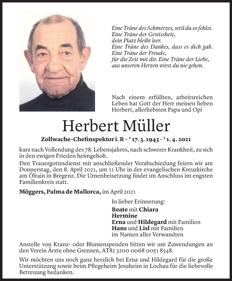  Todesanzeige für Herbert Müller vom 06.04.2021 aus Vorarlberger Nachrichten