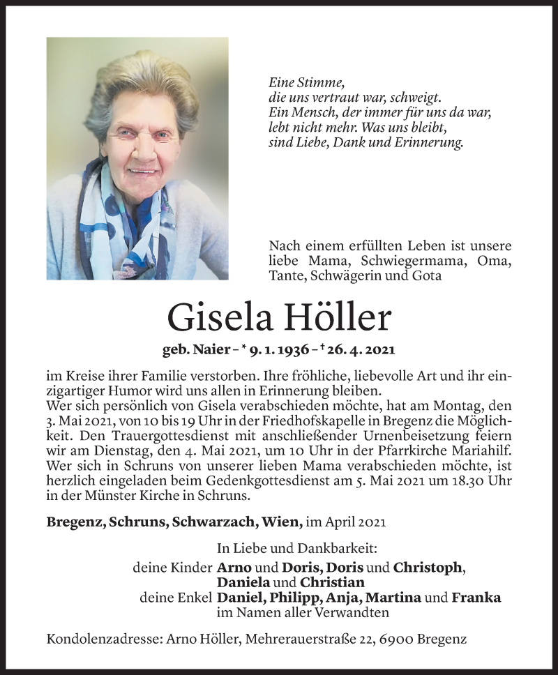  Todesanzeige für Gisela Höller vom 29.04.2021 aus Vorarlberger Nachrichten