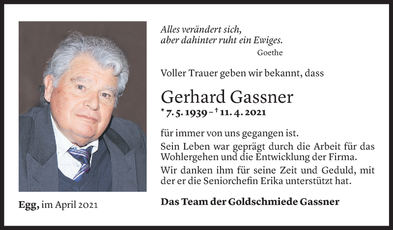  Todesanzeige für Gerhard Gassner vom 13.04.2021 aus Vorarlberger Nachrichten